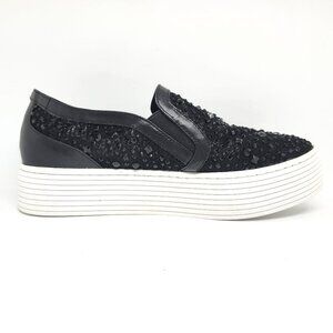 Kiss Kiss Women's Black Leather Platform Sneakers W/Black Embellishments Size 38